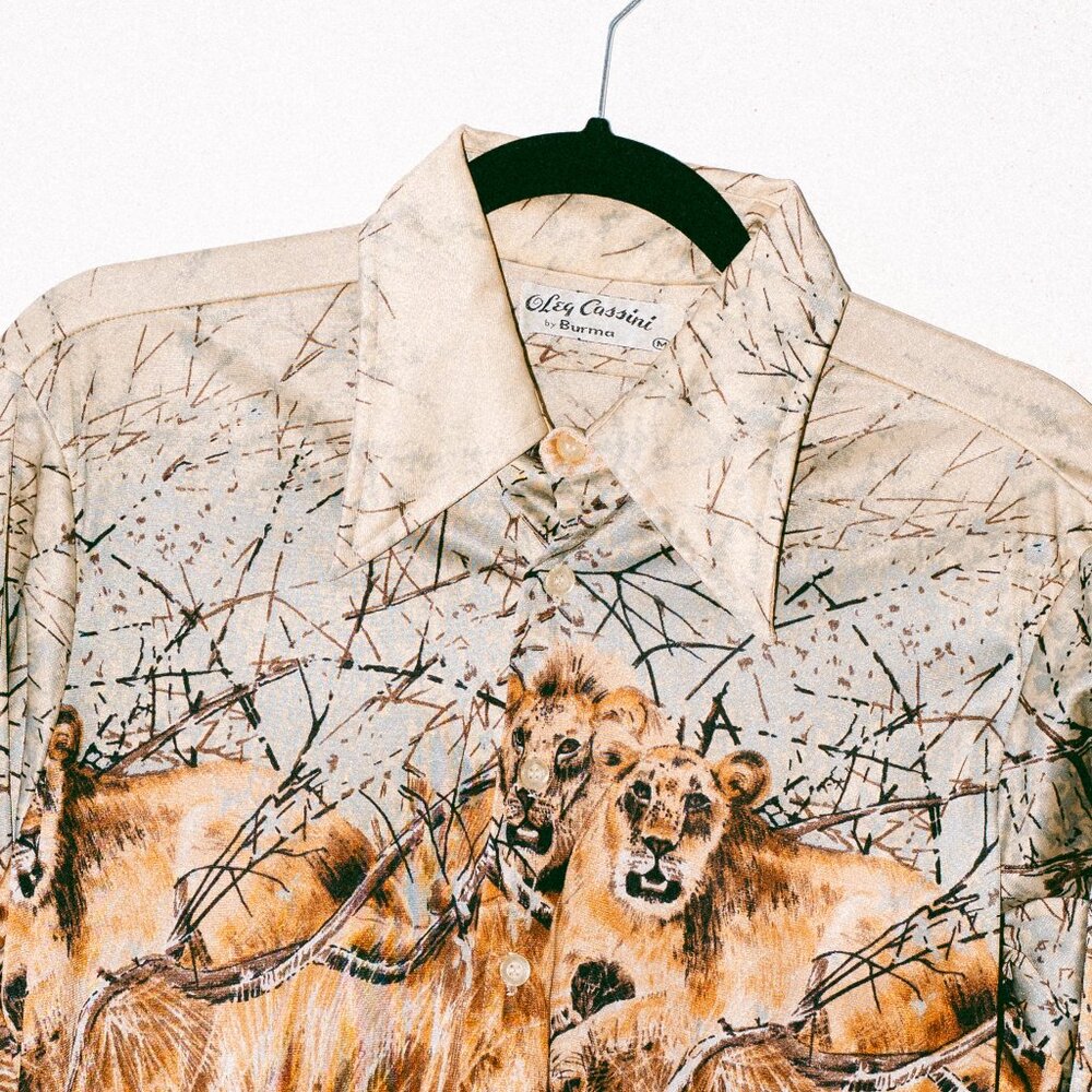 Vintage 70s Oleg Cassini by Burma Butterfly-Collar Disco Shirt – Lion Scene - Picture 3 of 5